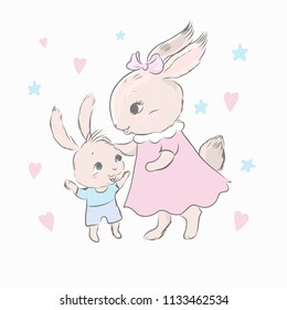 Rabbit mother with her little sonny bunny, cute soft characters isolated on light background, sweet mom and baby concept. Apparel, t shirt design.