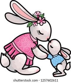 Rabbit mother with her little sonny bunny, cute soft characters isolated on white, sweet mom and baby concept. Happy mother's day or Happy Easter