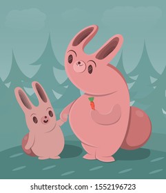 rabbit mother holds out a carrot to the rabbit to a child on a background of blue forest