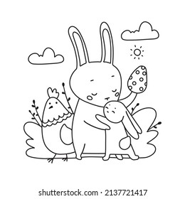 Rabbit mother with kid celebrating Easter. Coloring page in outline sketch style. Easter basis for design on white background. Funny flat hand drawn vector illustration.