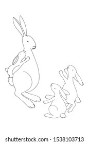 Rabbit mother with kids. Coloring page, basis for design on white background
