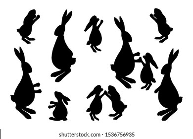 Rabbit mother with kids silhouette. Easter basis elements for design on white background