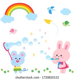 Rabbit and mouse playing with soap bubbles Rainbow and little bird