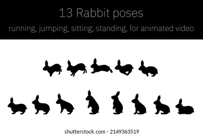 Rabbit movements for animation, running and jumping and standing up, silhouettes