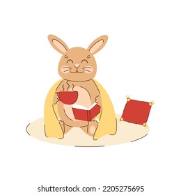 Rabbit with a mug of tea and a book sits under a plaid. Autumn cozy character. Cute beige bunny. Seasonal vector illustration in flat style