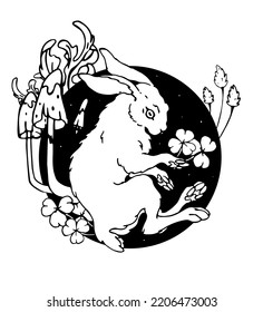 Rabbit with mushrooms and clover leaves. Hand drawn tattoo design. Can used with T-shirts, posters and textiles.