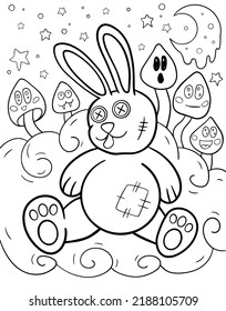 Rabbit with mushrooms. Coloring book for children. Coloring book for adults. Horror. Kawaii. Black and white illustration