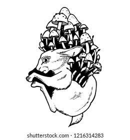 Rabbit and mushrooms tattoo. Traditional black dot style ink. Dead rabbit isolated vector illustration. Traditional Tattoo Old School Tattooing Style Ink.