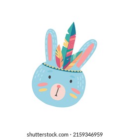 Rabbit Native American Or Indian Bunny Animal With Long Ears Face Mask With Feathers Isolated Tribal Headdress Cartoon Icon. Vector Hare Face, Carnival Party Wildlife Animal Mascot, National Ornaments