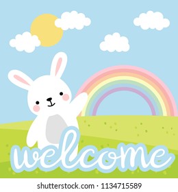 Impresión vectorial de conejo, conejito con arco iris y escritura de bienvenida ilustración de caricatura, tarjeta de ducha de bebé, tarjeta de saludo, tarjetas para niños para afiche o pancarta de cumpleaños, invitación de caricatura