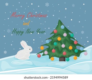 Rabbit near the Christmas tree. An image of a rabbit sitting near a Christmas tree decorated with Christmas toys. The symbol of the new year near the Christmas tree. Vector