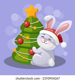 rabbit near the Christmas tree, symbol of the year