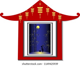 rabbit near the mortar on the night of mid-autumn celebration in a bamboo grove