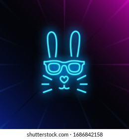 Rabbit neon sign. Easter bunny face in sunglasses with heart shaped nose on brick wall background. Vector illustration in neon style for topics like spring, Easter, celebration