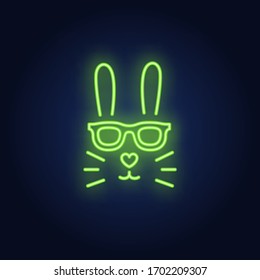 Rabbit neon sign. Easter bunny face in sunglasses with heart shaped nose on brick wall background. Vector illustration in neon style for topics like spring, Easter, celebration
