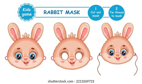 Rabbit New Year or Christmas carnival face mask. Cut cute bunny animal character head portrait. DIY children paper game. Chinese zodiac sign. Masquerade costume on holiday party. Kid craft page vector