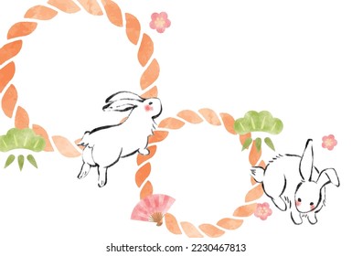 Rabbit New Year's card, brush writing, Japanese style, New Year's card photo frame, template.