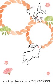 Rabbit New Year's card, brush writing, Japanese style, New Year's card photo frame, template.