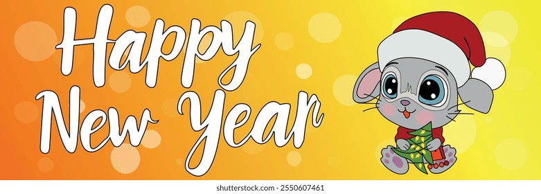 A rabbit in a New Year's hat is isolated on a bright yellow background. The hare is holding a tree decorated with garlands. New Year vector illustration.