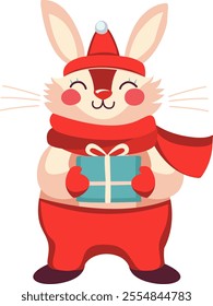 Rabbit in a New Year's red cap and scarf, vector stylized image. Character for Christmas and New Year design. Cute bunny holds a gift in his paws. Bunny with a box with a bow