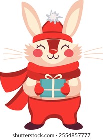 Rabbit in a New Year's red cap and scarf, vector stylized image. Character for Christmas and New Year design. Cute bunny holds a gift in his paws. Bunny with a box with a bow