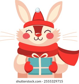 Rabbit in a New Year's red cap and scarf, vector stylized image. Character for Christmas and New Year design. Cute bunny holds a gift in his paws. Bunny with a box with a bow