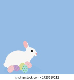 rabbit next to easter eggs of different colors on light blue background