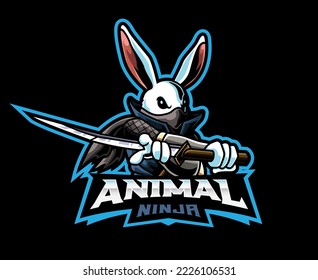 Diseño del logo de la mascota ninja del conejo. Ilustración del vector animal shinobi de conejo blanco. Ilustración de logotipo para mascota o símbolo e identidad, deportes de emblema o equipo de juegos de e-sports