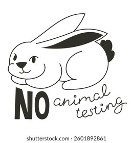 Rabbit with No Animal Testing Message, Ethical Beauty and Cruelty-Free Concept in Black and White Linear Illustration