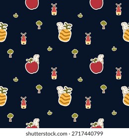 Conejo en la manzana y la piña de dibujos animados tan lindo. Sobre fondo de molino de viento de árbol de hierba. Patrón de Ilustración vectorial sin fisuras. 