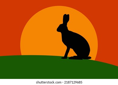 Conejo al fondo del sol, puesta de sol, amanecer. Fuerzas, contorno, dibujo vectorial