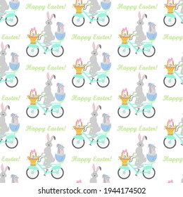 Rabbit on bicycle seamless pattern on the white background.