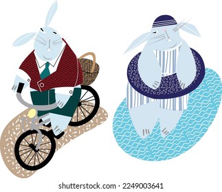 A rabbit on a bicycle. Rabbit swims with an inflatable circle