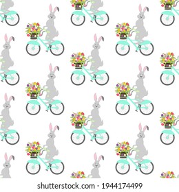 Rabbit on bicycle vector illustration seamless pattern on the white background.