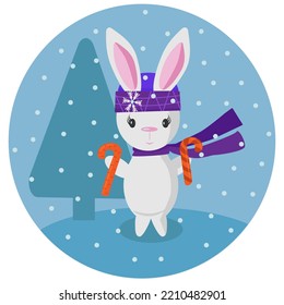 A rabbit on a blue background holds candy-carrots. Sticker, isolated elements, postcards, decoration, calendar