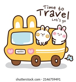 Rabbit on bunny bus hand drawn.Time to travel writing background.Summer concept.Road trip.Cute cartoon character.Doodle style.Kid graphic.Image for card,poster,childrens clothes.Vector.Illustration.