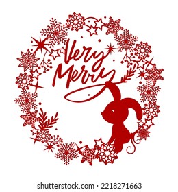 Rabbit on a Christmas wreath of snowflakes with the words Very Merry