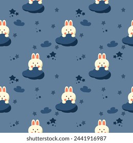 Rabbit on cloud blue cartoon so cute. On star cloud blue background. Pattern seamless vector illustration. 
