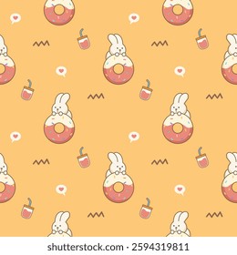 Rabbit on donut cartoon so cute. On drinks heart yellow background. Pattern seamless vector illustration. 