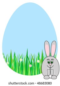 rabbit on egg-shaped background of sky and grass