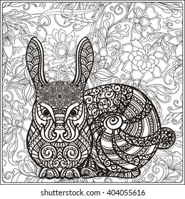 Rabbit on floral background. Coloring book for adult and older children. Coloring page. Outline drawing. Vector illustration.