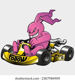 Rabbit on a go-kart mascot of a racing team. Pink rabbit grinning driving a yellow go-kart. Sport illustration concept