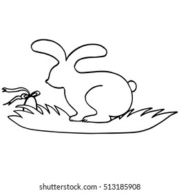 Rabbit on the grass with Easter egg. Bunny silhouette isolated on white background. Cute rabbit for Easter holidays, prints, advertising, showcase, cards, menu, interior, birthday, wedding.