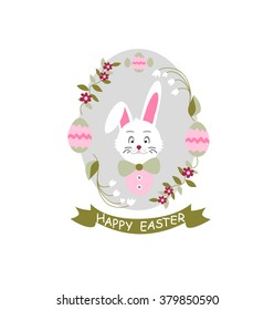Rabbit on the gray background. Eggs  and pink flowers on the gray background. Happy easter. Funny bunny.