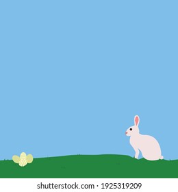rabbit on green grass next to easter eggs of different colors under blue sky