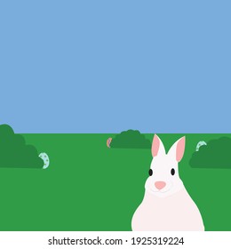 rabbit on green grass next to easter eggs of different colors under blue sky