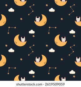 Rabbit on the moon cartoon so cute. On star cloud background. Pattern seamless vector illustration. 