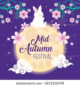 rabbit on moon with flowers design, Happy mid autumn harvest festival oriental chinese and celebration theme Vector illustration