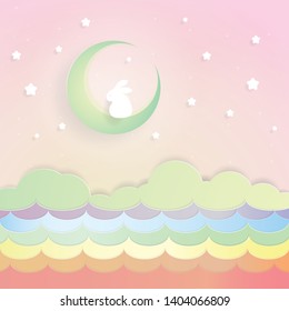 Rabbit on the moon and rainbow sea, Paper art, Paper cut, Craft vector, design