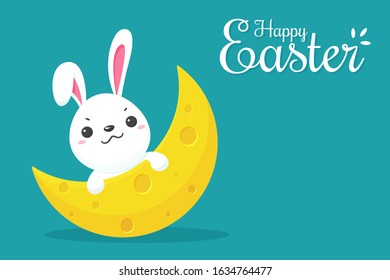 Rabbit on the moon. Vector cartoon naughty little bunny leans out from the half moon.